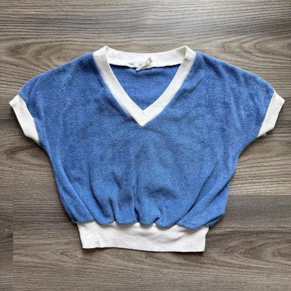 VTG 80s JC Penney Terry Cloth Youth V Neck Pullover Sweater Short Sleeve 7-8 S